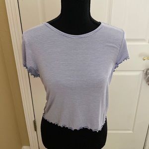 American Eagle Blue and White Striped Crop Top with Lettuce Hem